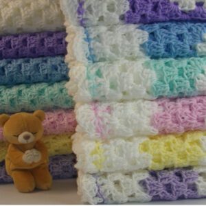 This baby blanket is made by hand using high quality 4 ply polyester yarn. It is very soft and warm. Size 30" x 30". Perfect size for keeping your special little one cozy in their car seat or stroller.